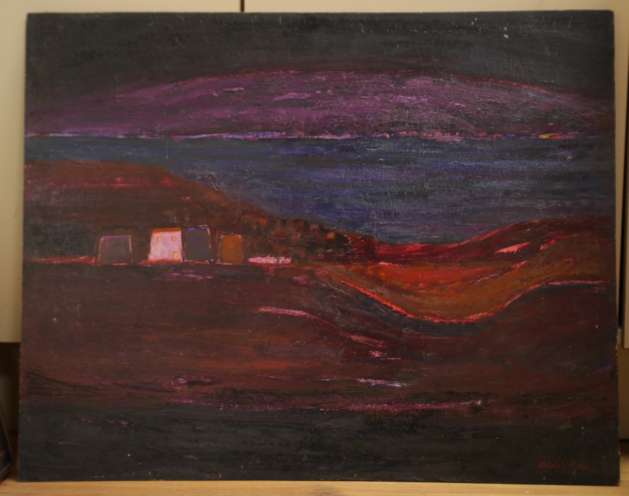 Muriel Rose, RBA, ROI (1923-2012), oil on board, Abstract landscape, 60 x 75cm, signed and unframed. Condition - fair